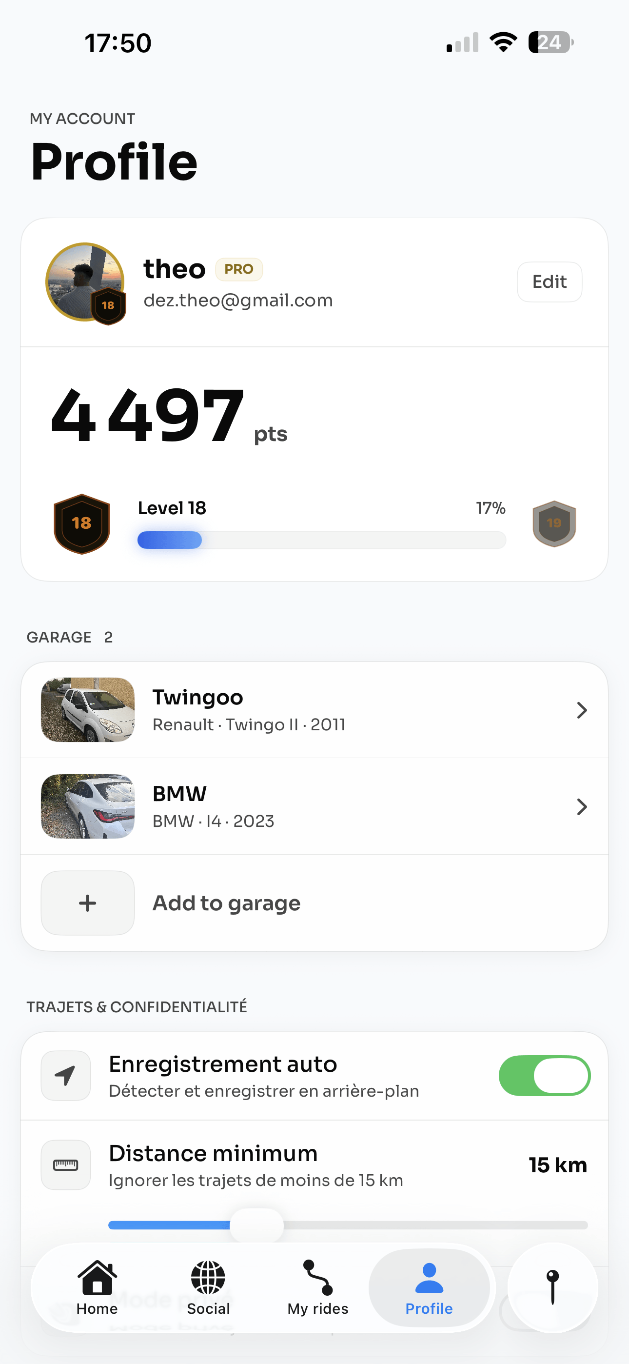 Profil et garage dans la version actuelle de Revly